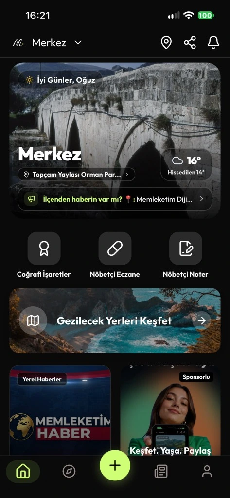 Memleketim Mobil Uygulaması Ana Ekranı